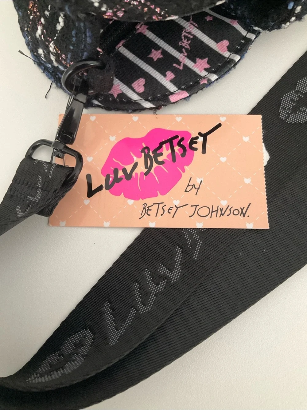 Betsey Johnson Black Tweed Heart Crossbody with Blue & Pink Accents - Picture 8 of 11